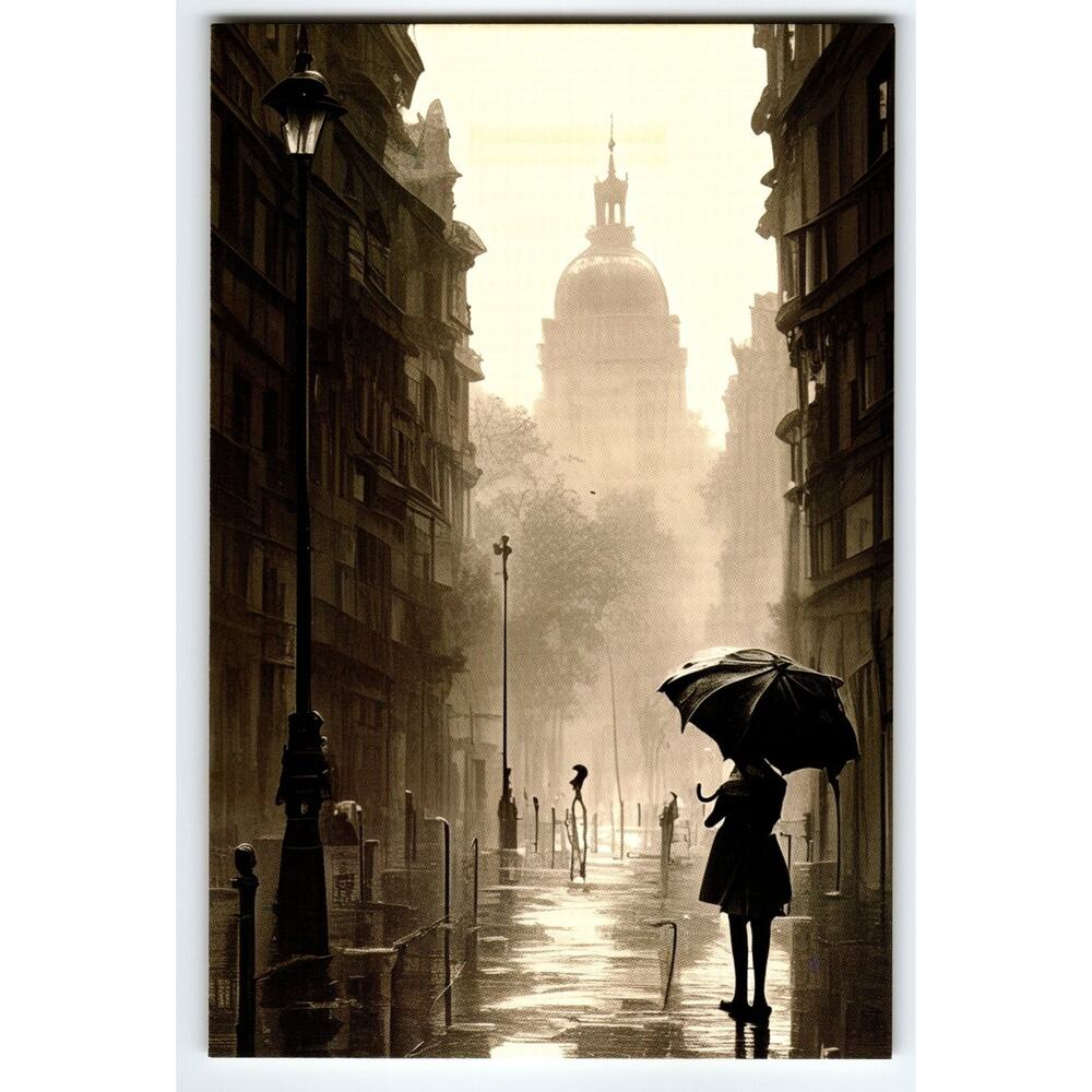 Vintage Photochrome Paris Street Scene Woman with Umbrella Postcard